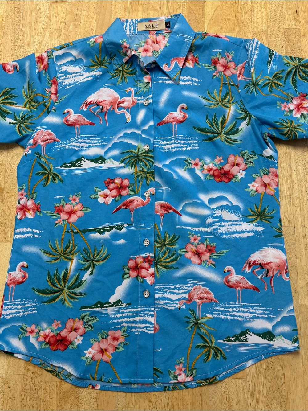 SSLR Women's Blue Flamingo Print Button-Down Shirt